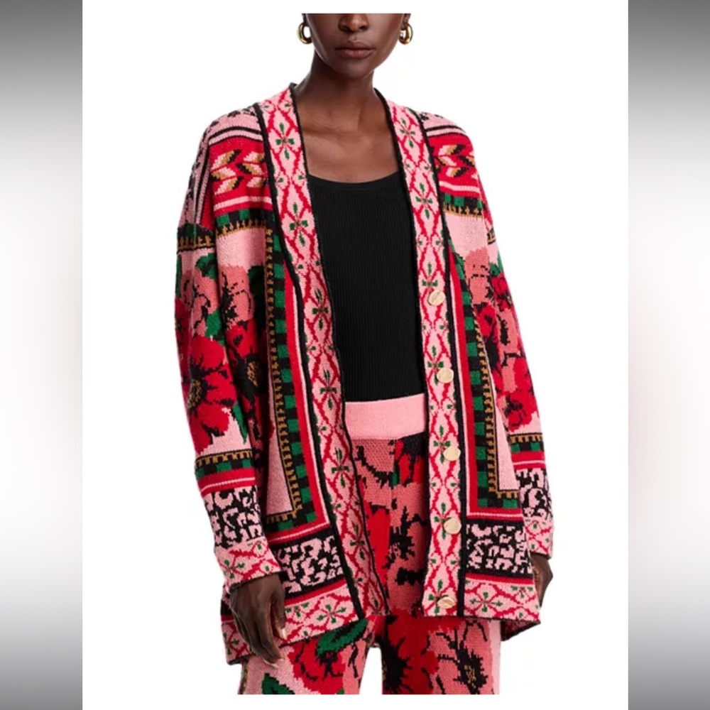 Farm Rio Pink FlowerTapestry Knit Cardigan Sweater XS